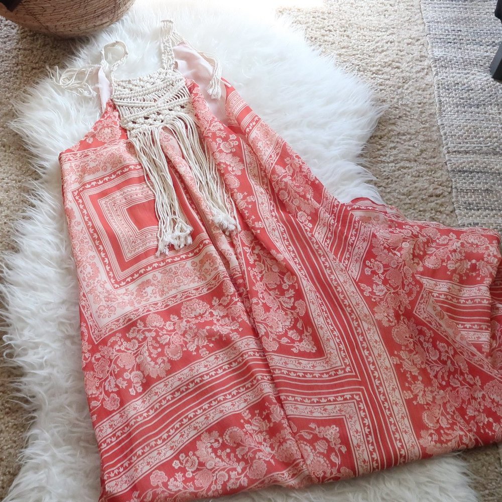 Zara Coral Red Crochet Combi Long Dress Size M-L - Picture 4 of 5